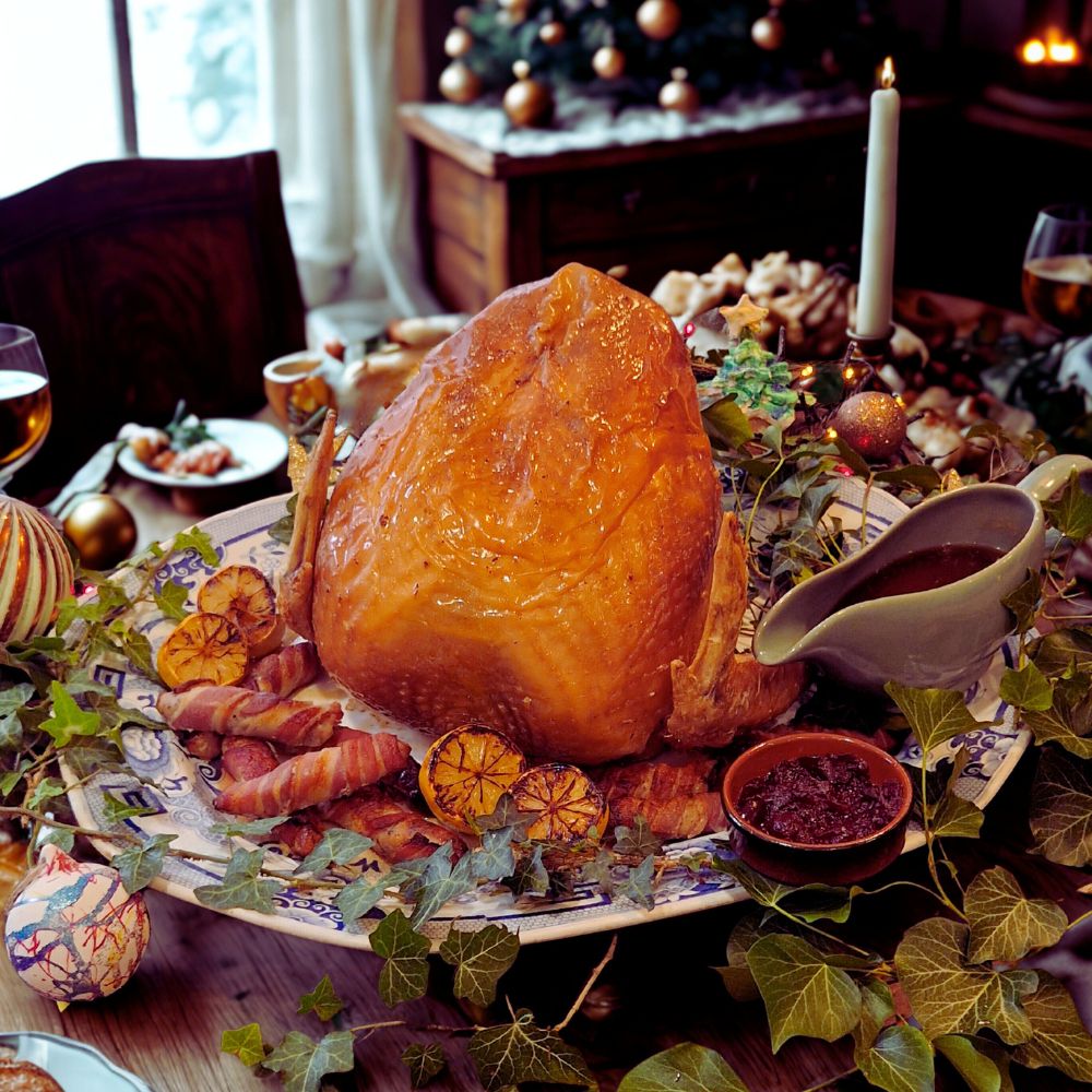 Roasted turkey crown on a decorative platter with side dishes on a festive table.